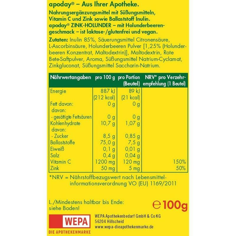 APODAY Holunder Vitamin C+Zink zuckerfrei Pulver