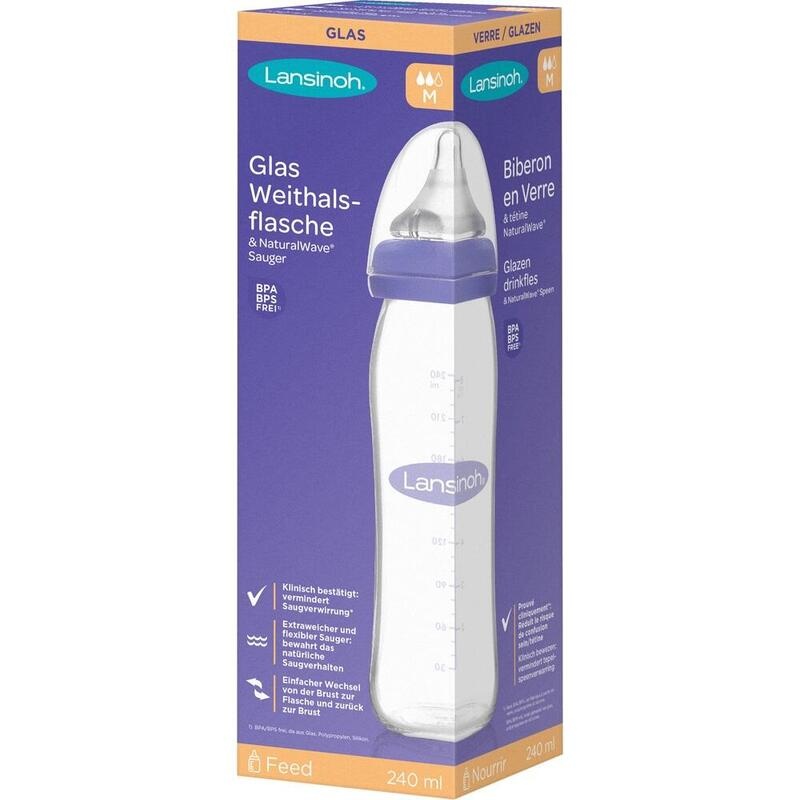 LANSINOH Weithalsflasche Glas 240 ml mit Sauger M